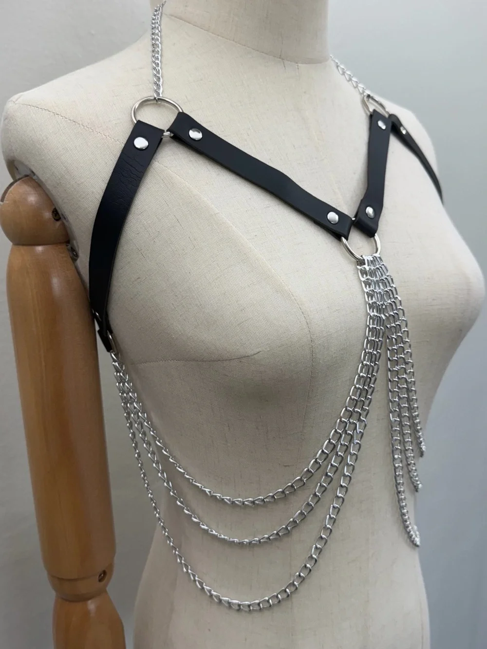Black Faux Leather Chain Body Harness Bralette Adjustable Chest Harness